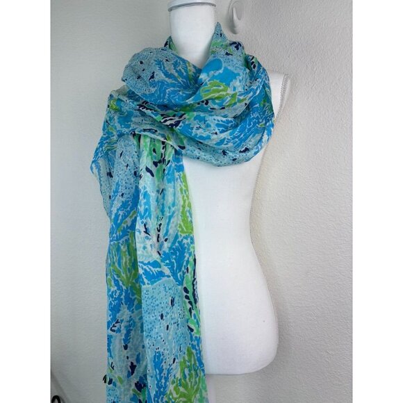 Lilly Pulitzer women's blue spa lets cha‎ cha murfee scarf silk cashmere NWT - Picture 6 of 8